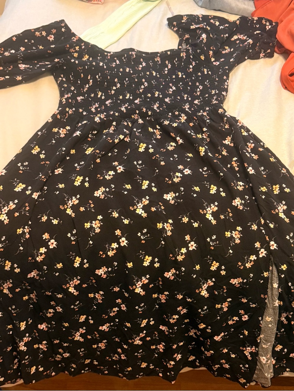 Black Floral Puff-Sleeve Dress